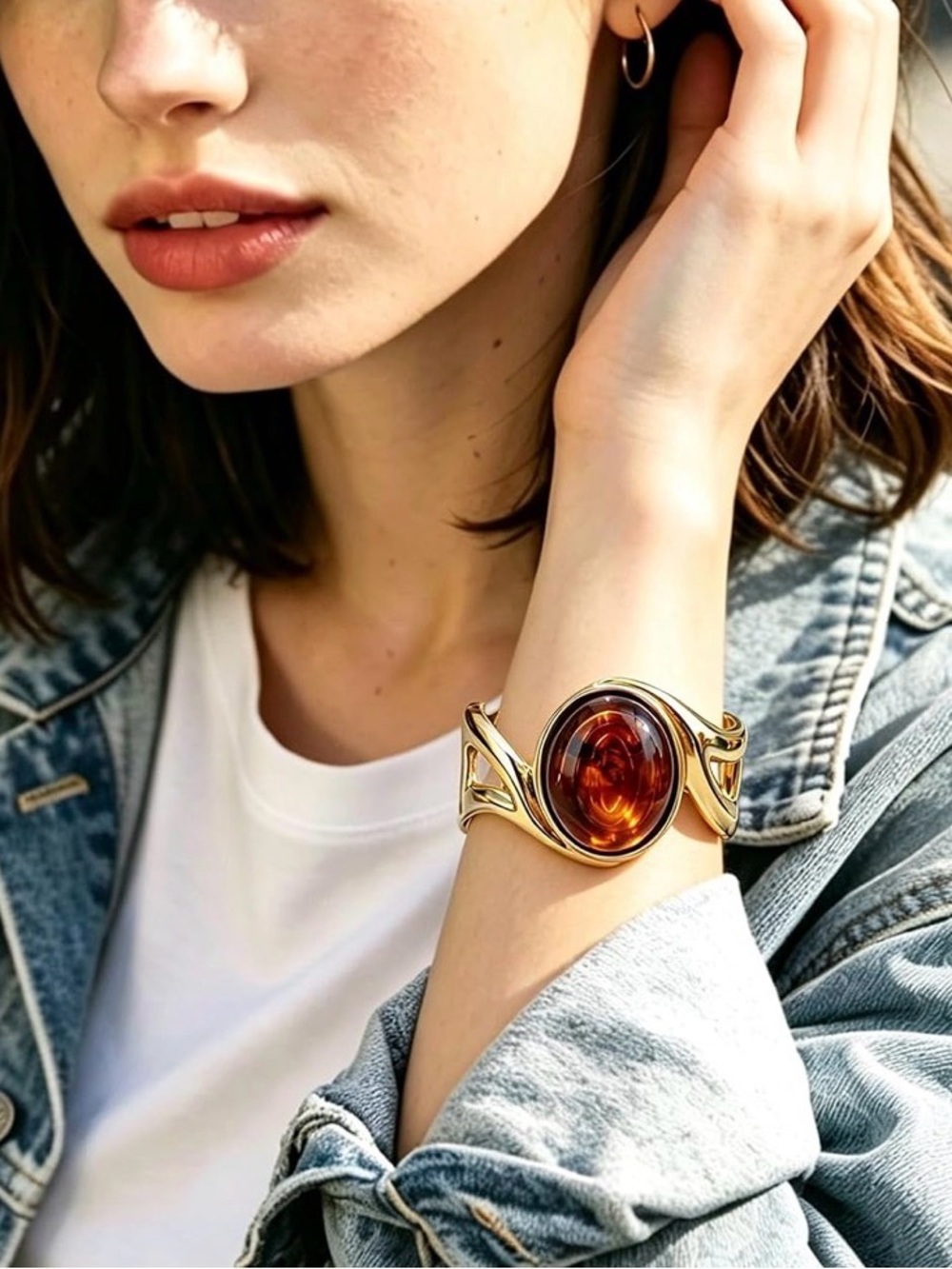 Gold-Tone Cuff Bracelet with Amber Glass Center